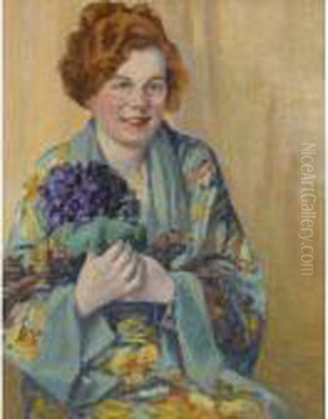 Girl Holding Flowers Oil Painting by Robert Reid