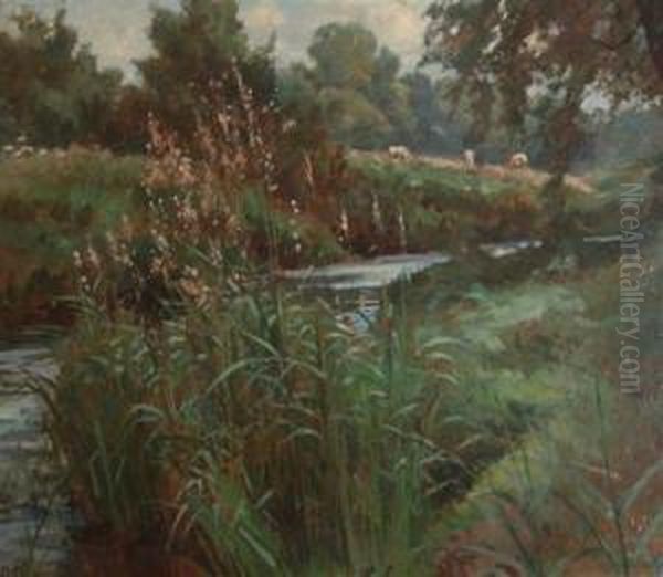 River Landscape With Cattle Oil Painting by Robert Payton Reid