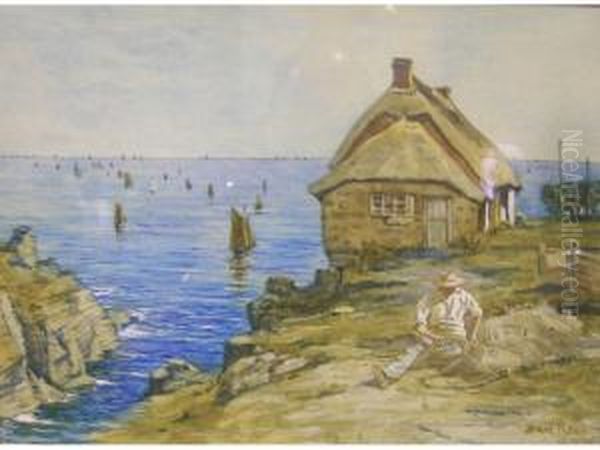 Fisherman Mending Nets Before Athatched Cottage Perched On Cliff Edge With Sea And Distant Boats Oil Painting by Samuel Reid