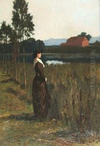 A Young Peasant Woman In A Marsh Field Oil Painting by Samuel Reid