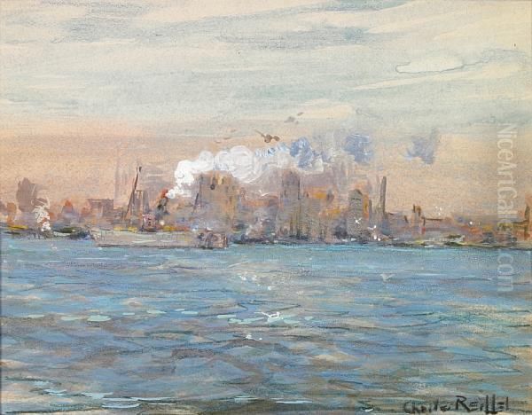 Boats Along The New York Skyline Oil Painting by Charles Reiffel