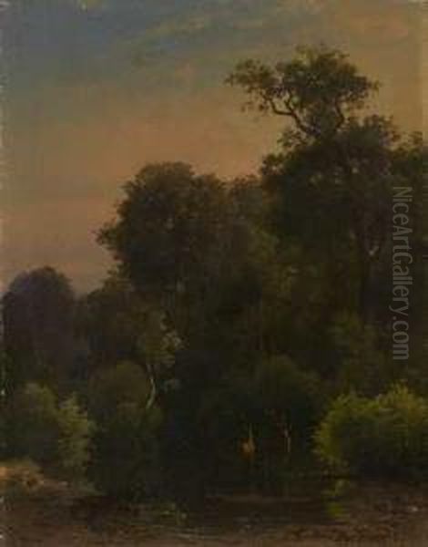 Abend Uber Waldstuck Mit Teich Und Rotwild Oil Painting by Karl Theodor Reiffenstein