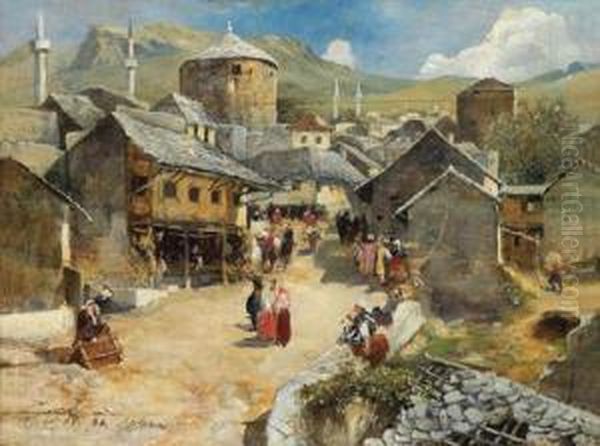 Eine Strasenszene In Mostar Oil Painting by Paul Reiffenstein