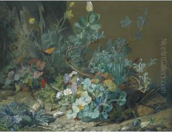 Fleurs, Papillon Et Escargot Oil Painting by Jean Marie Reignier