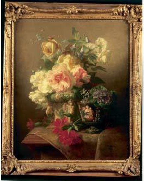 Nature Morte Aux Fleurs, Vase En Ceramique Et Coupe En Email De Limoges Sur Un Entablement Oil Painting by Jean Marie Reignier