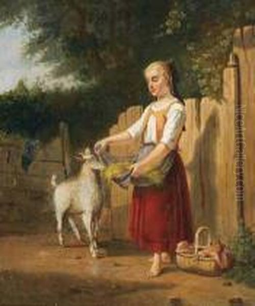 Country Girl Feeding A Goat Oil Painting by F. Reilbel