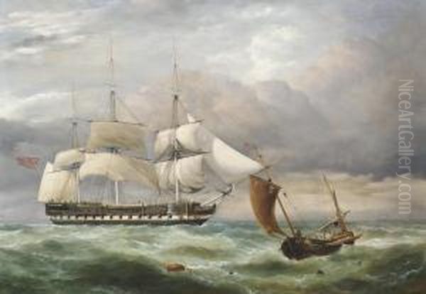 An East Indiaman Hove-to In The Channel With A Boulogne Lugger Passing Oil Painting by George Philip Reinagle