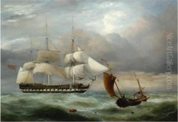 An East Indiaman Hove-to, Homeward Bound, And A Brighton Fishing Boat In Choppy Water Oil Painting by George Philip Reinagle