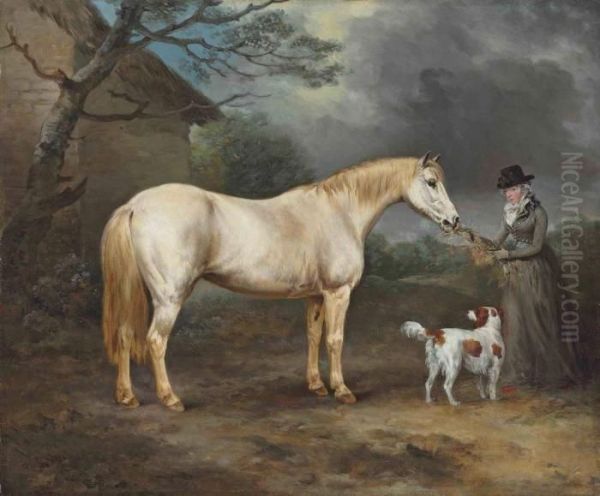 Mrs. Thomas Hawkins Of Trewithen, Cornwall With Her Connemara Ponyand A Spaniel Oil Painting by Philip Reinagle