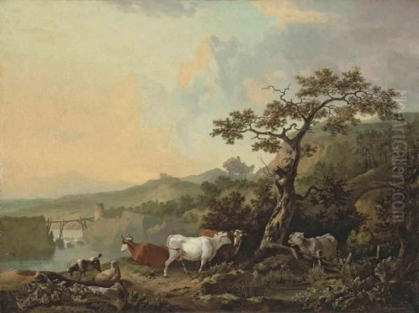 A River Landscape With Livestock, A Wagon On A Track Beyond Oil Painting by Philip Reinagle