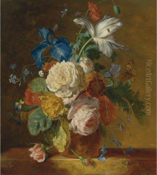 Still Life Of Roses, An Iris, A Tulip And Other Flowers In Aterracotta Vase, Resting On Ledge Oil Painting by Ramsay Richard Reinagle