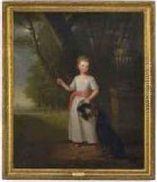 Portrait Of A Young Girl, Standing Full-length, In A White Dresswith A Pink Sash And Shoes, A Dog By Her Side In A Landscape Oil Painting by Ramsay Richard Reinagle