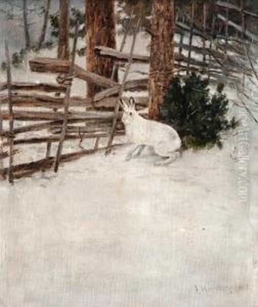 A Hare In A Winter Landscape Oil Painting by Johan Jakob Reinberg