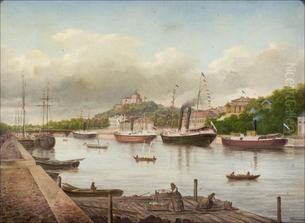 Laivoja Aurajoella. Oil Painting by Johan Jakob Reinberg