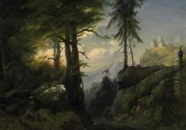 Summer In The High Mountains. View From A Shady Hillside On The Sunlit Mountain Station. Signed Lower Center: C.reinhardt Oil Painting by Carl August Reinhardt