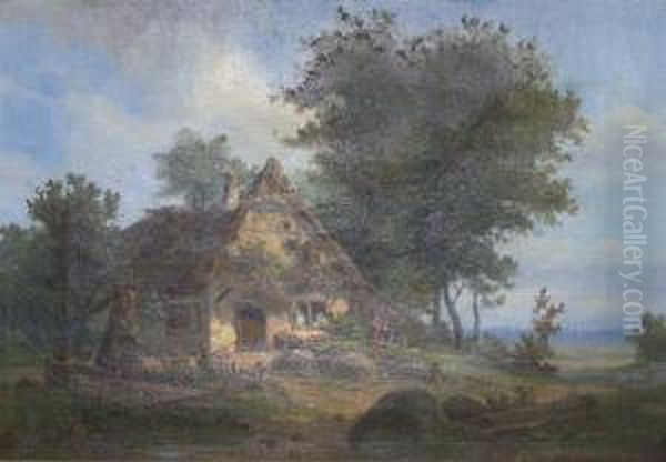 German Figures Beside A Cottage With Hens By A Well In The Foreground Signed And Dated 