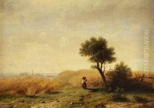 Sommerlandschaft Mit Bauerin Unter Einem Baum Vor Weizenkornfeld Oil Painting by Friedrich August Reinhardt