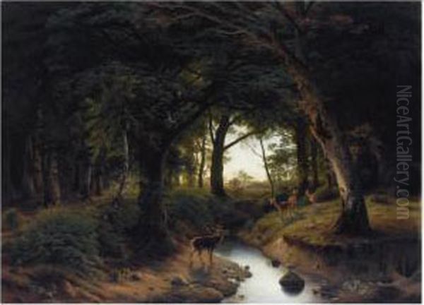 A Stag Calling To Does Across A Stream by Johann Jakob Reinhardt