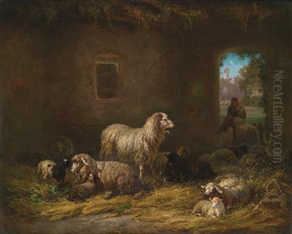 Sheepin A Stable Oil Painting by Louis, Ludwig Reinhardt