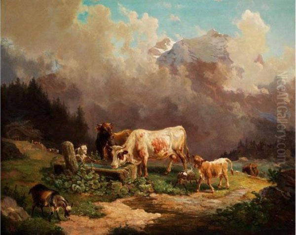 Vieh Im Hochgebirge An Der Tranke Oil Painting by Louis, Ludwig Reinhardt