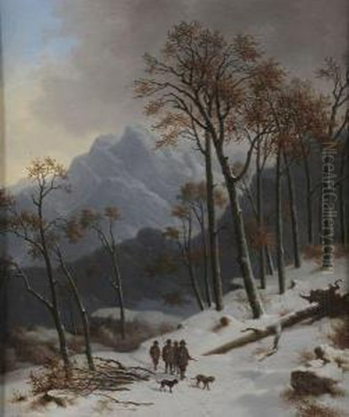 Chasseurs Dans Le Tyrol Enneige Oil Painting by Wilhelm Reinhardt