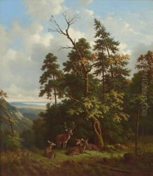 Rotwild Auf Einer Waldlichtung In Vorgebirgslandschaft. Oil Painting by Wilhelm Reinhardt