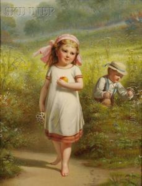 Playing Among The Daisies Oil Painting by Benjamin Franklin Reinhart