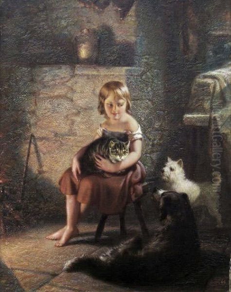 A Young Girl In An Interior With Her Pets Oil Painting by Benjamin Franklin Reinhart