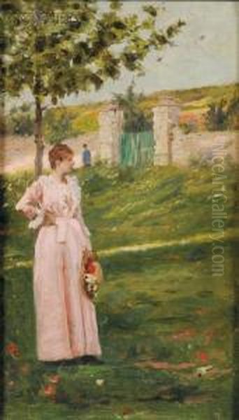 Portrait Of A Woman In A Landscape Oil Painting by Charles Stanley Reinhart