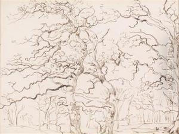 Pair Of Landscape Sketches With Trees In The Foreground Oil Painting by Johann Christian Reinhart