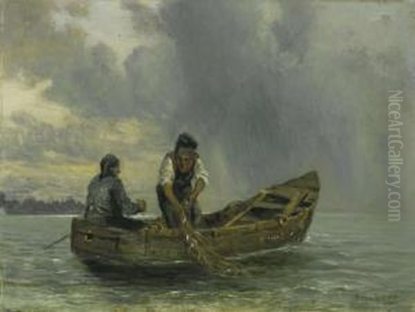 Beim Fischfang. Oil Painting by Conrad Reinherz