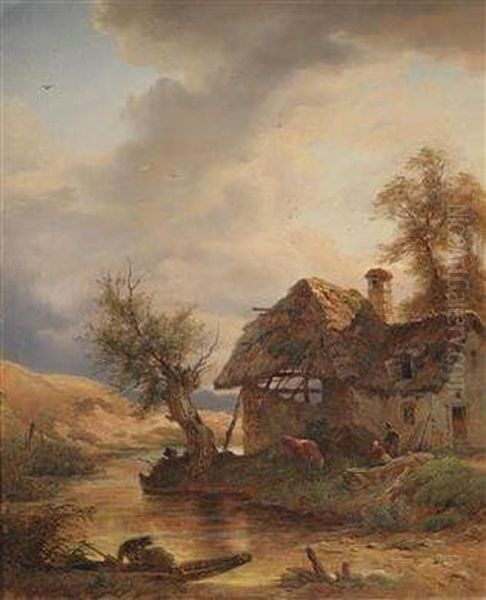 Farmer's Cottage At The Stream Bank Oil Painting by Franz Reinhold