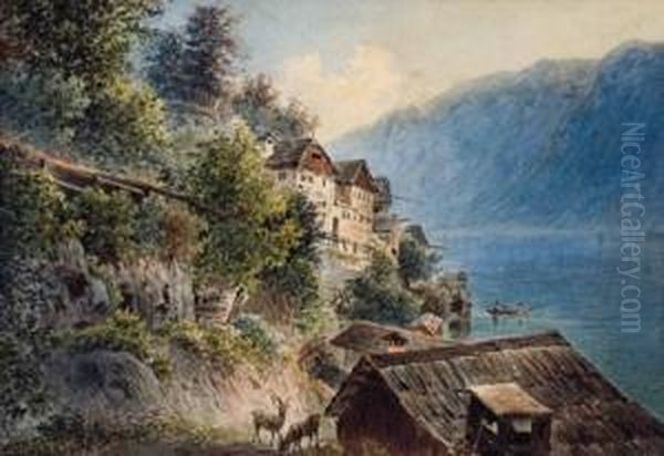 Hauser Am Hallstatter See Oil Painting by Friedrich Ii Reinhold