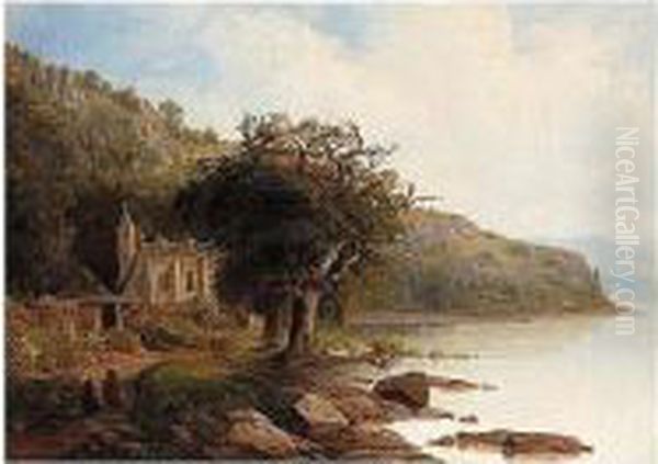 Monks Conversing On Before An Abbey On The Edge Of A Lake Oil Painting by Friedrich Philipp Reinhold