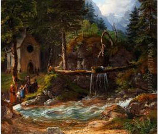 In Der Ramsau - Kirchganger An Einem Wilden Gebirgsbach Oil Painting by Gustav Reinhold