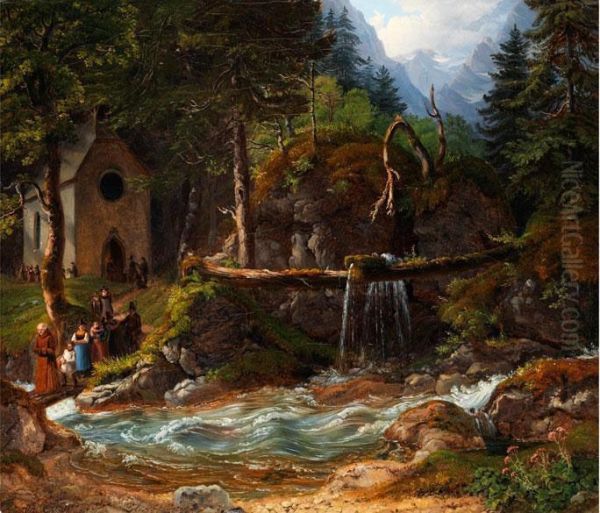 In Der Ramsau - Kirchganger An Einemwilden Gebirgsbach Oil Painting by Gustav Reinhold