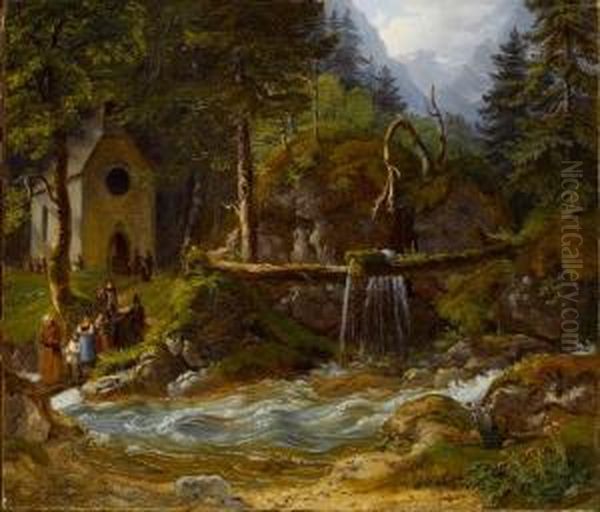 In Der Ramsau. Kirchganger An Einem Wilden Gebirgsbach Oil Painting by Gustav Reinhold