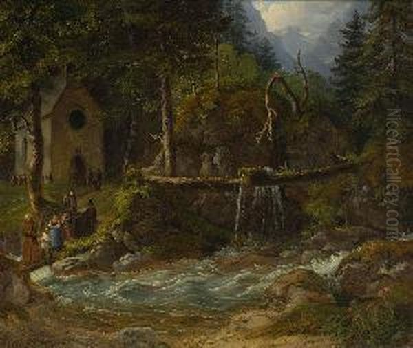 Waldkapelle Am
 Gebirgsbach. Oil Painting by Gustav Reinhold