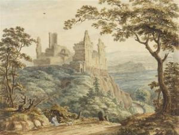 Italian Landscape With Castle Ruins Oil Painting by Heinrich Reinhold