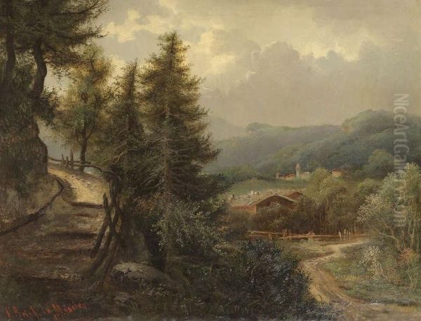 Heuvelachtig Landschap Metlandwegeltje En Landerijen Oil Painting by V. Reinhold