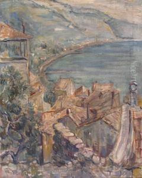 Coastal View Over Rooftops Oil Painting by Otto Reiniger