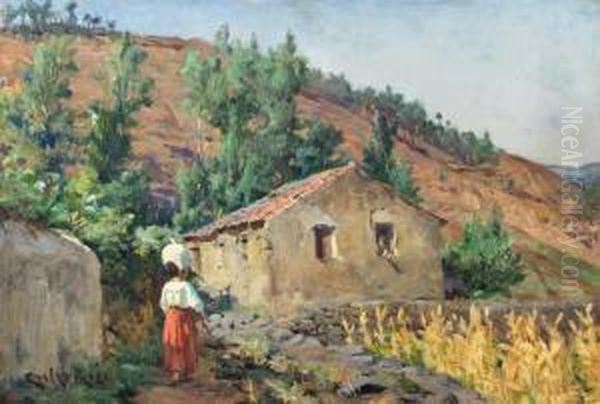 Serra Da Lousa - Paisagem Com Casa, Figuras E Milheiral Oil Painting by Carlos Reis