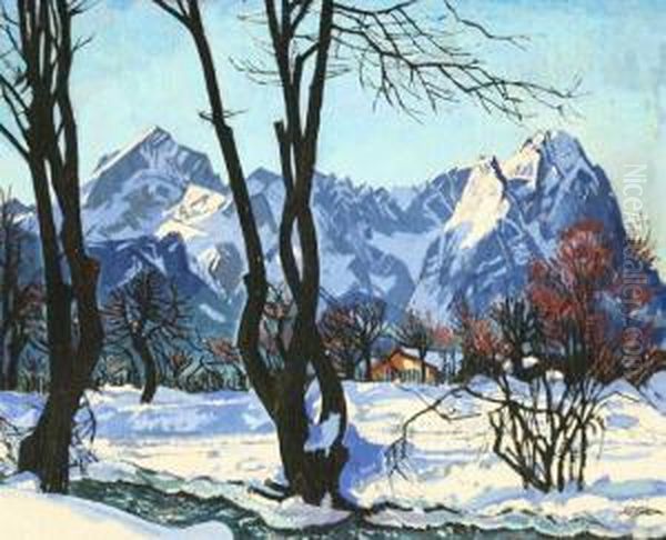 Alpine Winter Scene Oil Painting by Carl Reiser