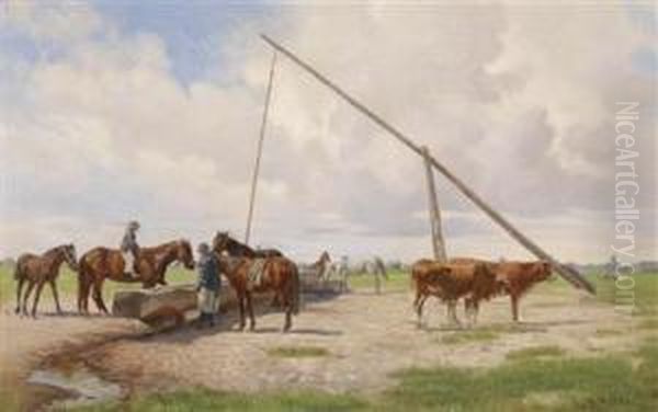 Pustza Scene With Horses Oil Painting by Hermann Reisz