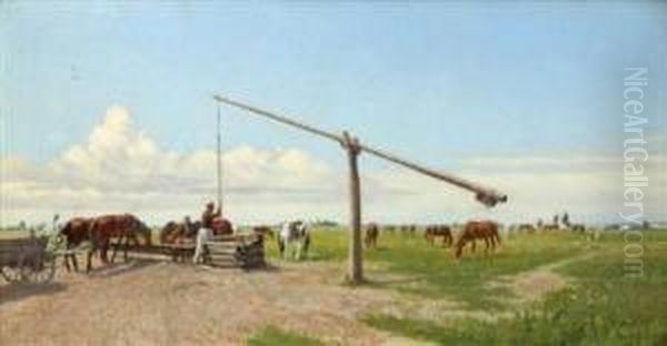 Watering Horses In The Puszta Oil Painting by Hermann Reisz