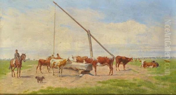 At Awatering Station In The Puszta Oil Painting by Hermann Reisz