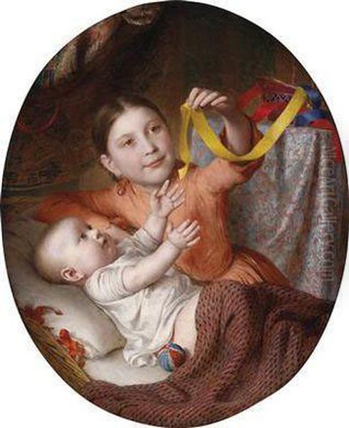 Two Children Playing With Silk Ribbons Oil Painting by Johann Baptist Reiter