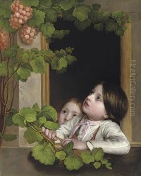 Children At The Window Oil Painting by Johann Baptist Reiter