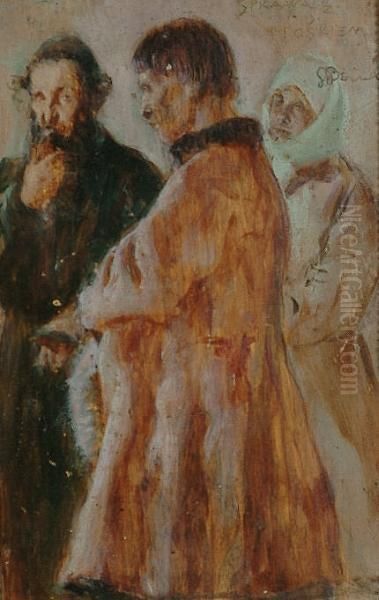 Three Figures In Discussion Oil Painting by Stanislaw Rejchan