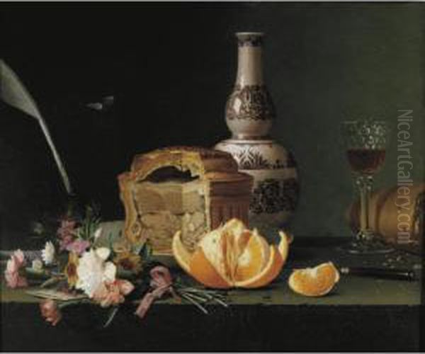 Still Life With A Pie, Orange And Flowers On A Ledge Oil Painting by Pierre Etienne Remillieux